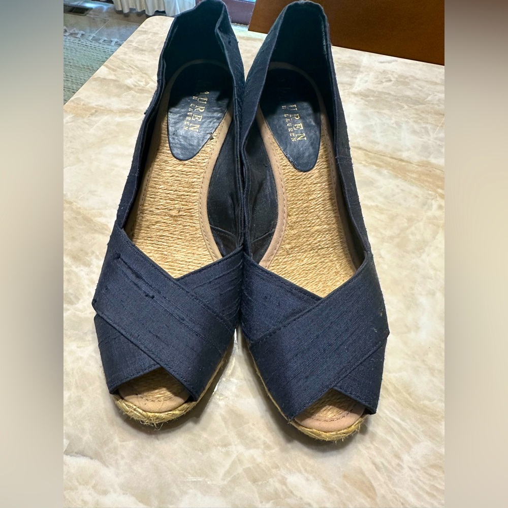 RALPH LAUREN Cacilia Peep-Toe Navy Blue Wedge Preowned